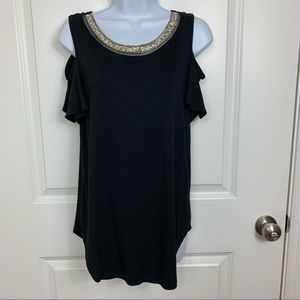 Cover Stitched black cold shoulder top. Medium